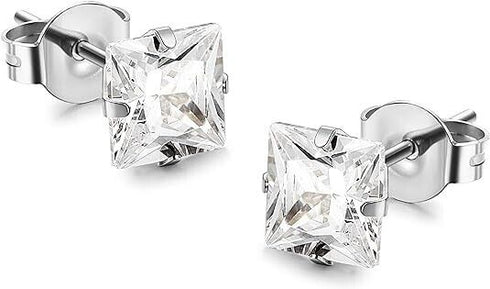 2 Pairs of 316L Surgical-Steel Black & Silver Square CZ Men Women Stud Earrings
